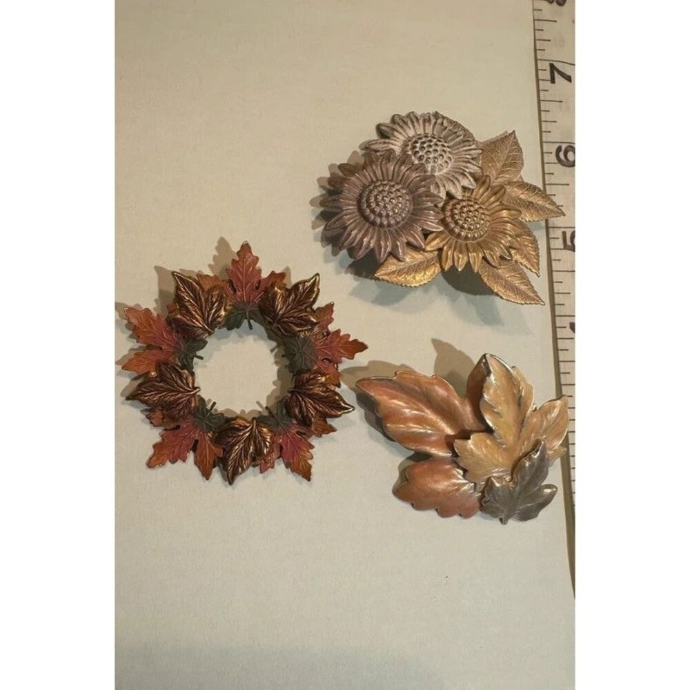 Vintage Autumn Brooch Lot Sunflowers Leaves Fall Wreath Pins Set of 3